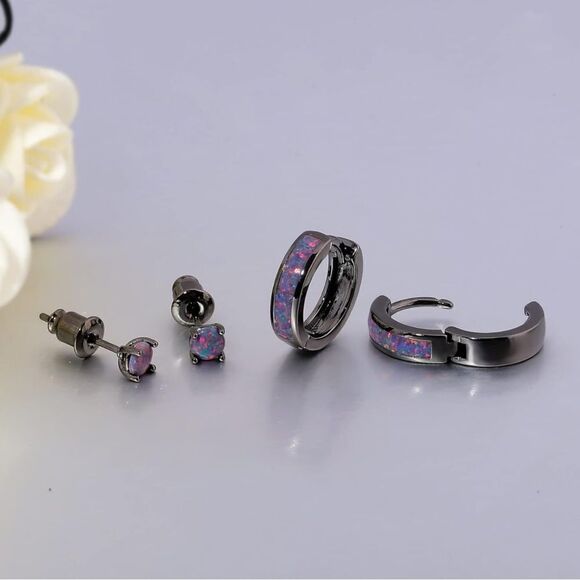 14K Black Gold with Genuine Black Fire Opal Huggie and Stud Earrings Set of 2 - Picture 4 of 5